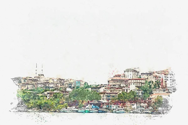 Un boceto de acuarela o ilustración de una hermosa vista de la arquitectura tradicional en Estambul —  Fotos de Stock