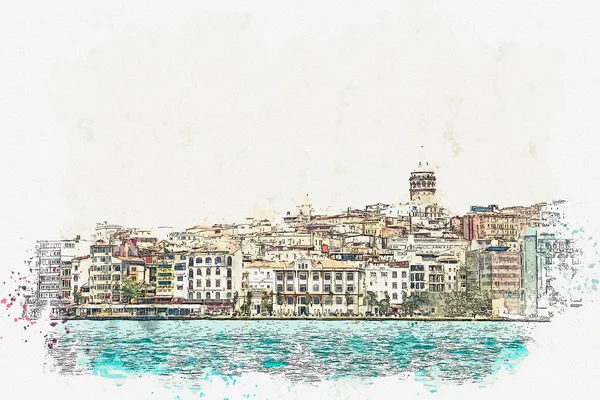 Un boceto de acuarela o ilustración de una hermosa vista de la arquitectura tradicional en Estambul —  Fotos de Stock