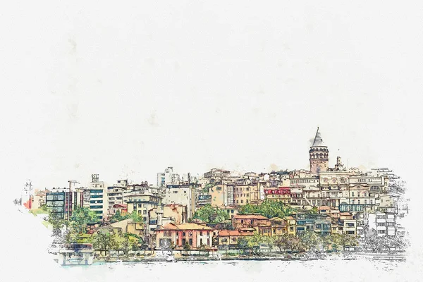 Szkic akwarela czy ilustracja piękny widok tradycyjnej architektury w Stambule — Zdjęcie stockowe