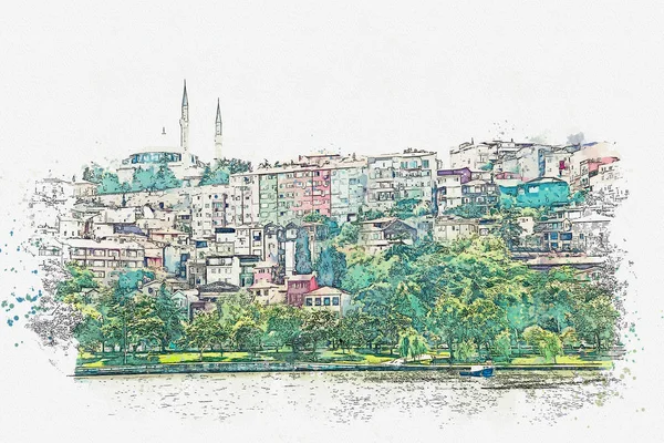 Акварельный набросок или иллюстрация прекрасного вида на традиционную архитектуру Стамбула — стоковое фото