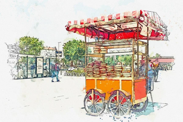 A watercolor sketch or illustration. Sale of a traditional Turkish bagel called Simit. — Stock Photo, Image