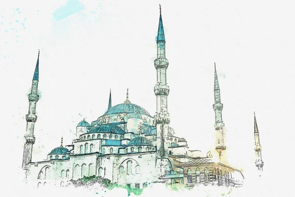 Eine aquarellierte Skizze oder Illustration. die berühmte blaue Moschee in Istanbul wird auch Sultanahmet genannt. Truthahn — Stockfoto