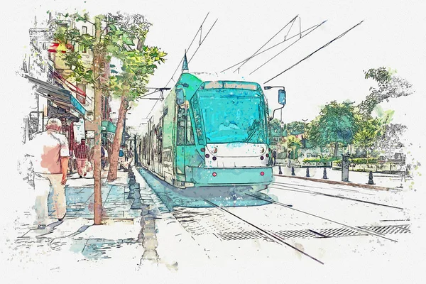 Eine aquarellierte Skizze oder eine Illustration einer traditionellen Straßenbahn oder Bodenbahn in Istanbul — Stockfoto