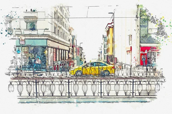 En akvarell skiss eller illustration. En traditionell gul taxi på gatan i Istanbul — Stockfoto