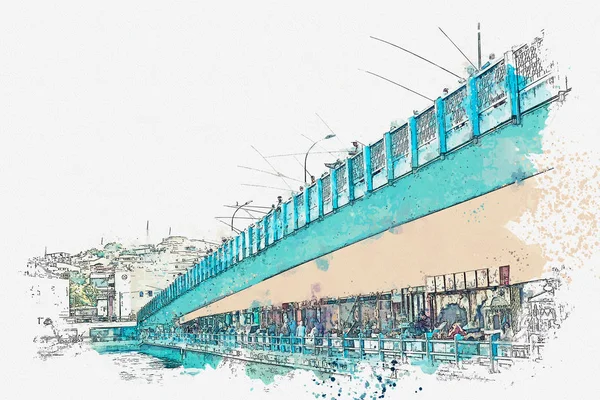 Un boceto de acuarela o ilustración. El Puente de Galata en Estambul — Foto de Stock