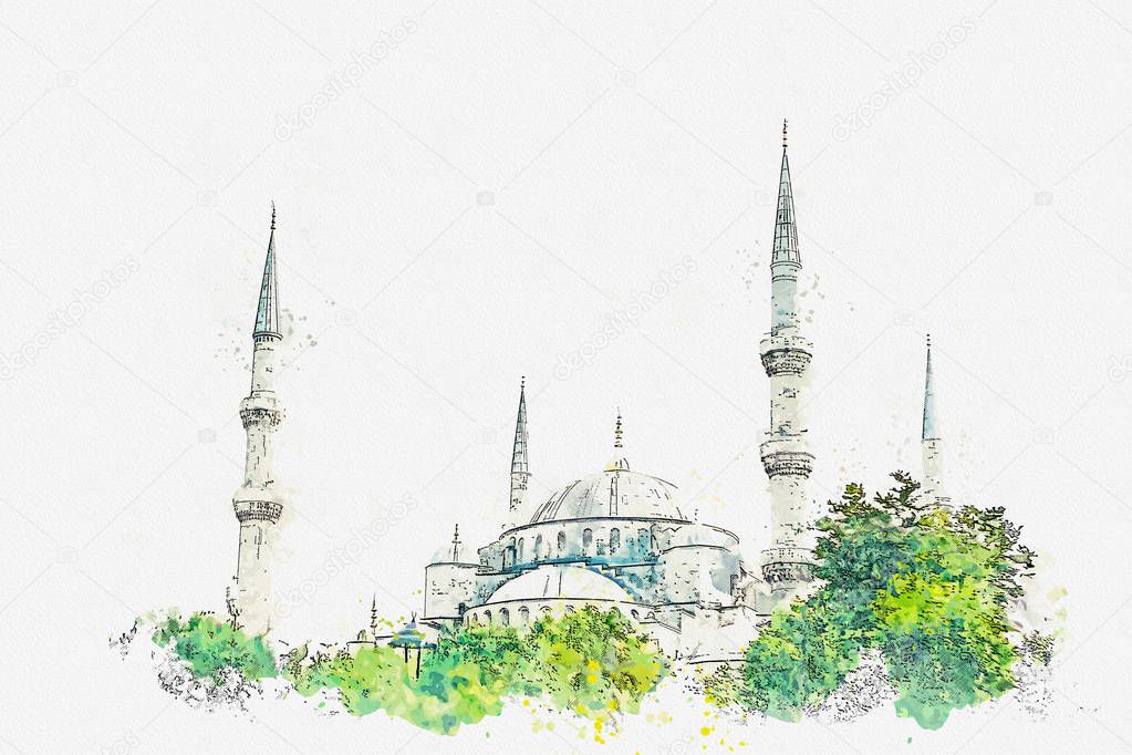A watercolor sketch or illustration. The famous Blue Mosque in Istanbul is also called Sultanahmet. Turkey