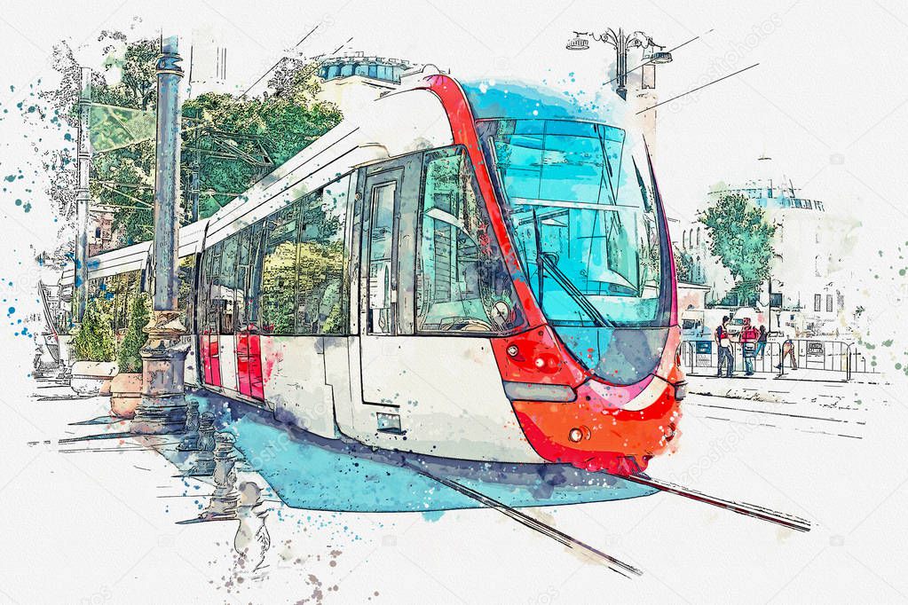 A watercolor sketch or an illustration of a traditional tram or ground train in Istanbul