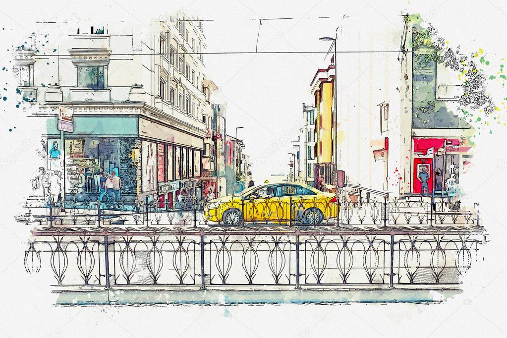 A watercolor sketch or illustration. A traditional yellow taxi on the street in Istanbul