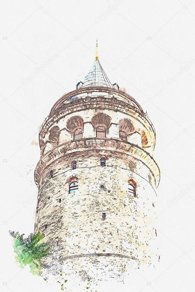A watercolor sketch or illustration. Galata tower in Istanbul in Turkey.