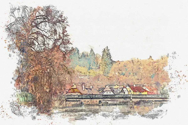 Un boceto de acuarela o una ilustración de una calle con casas y árboles en otoño en Cesky Krumlov en la República Checa . — Foto de Stock