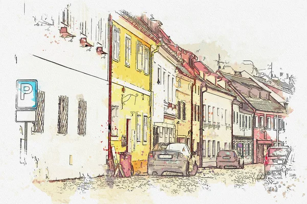 Een aquarel schets of een illustratie van de traditionele architectuur in Cesky Krumlov in Tsjechië — Stockfoto