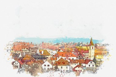 Bir suluboya kroki veya Cesky Krumlov geleneksel mimarisinde bir örnek Çek Cumhuriyeti