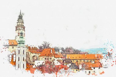 Bir suluboya kroki veya Cesky Krumlov geleneksel mimarisinde bir örnek Çek Cumhuriyeti