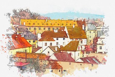 Bir suluboya kroki veya Cesky Krumlov geleneksel mimarisinde bir örnek Çek Cumhuriyeti