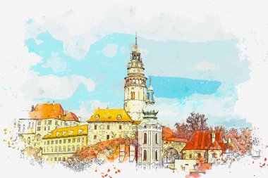 Bir suluboya kroki veya Cesky Krumlov geleneksel mimarisinde bir örnek Çek Cumhuriyeti