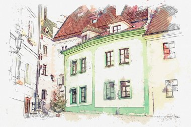 Bir suluboya kroki veya Cesky Krumlov geleneksel mimarisinde bir örnek Çek Cumhuriyeti