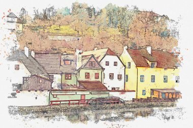 Bir suluboya kroki veya Cesky Krumlov geleneksel mimarisinde bir örnek Çek Cumhuriyeti