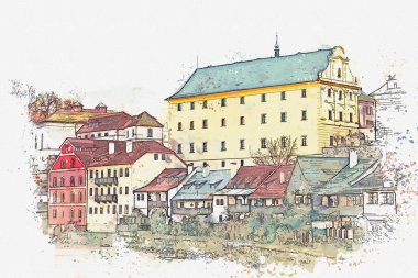 Bir suluboya kroki veya Cesky Krumlov geleneksel mimarisinde bir örnek Çek Cumhuriyeti