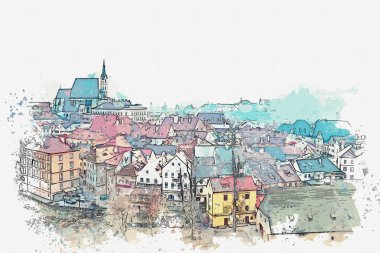 Bir suluboya kroki veya Cesky Krumlov geleneksel mimarisinde bir örnek Çek Cumhuriyeti