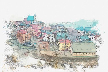 Bir suluboya kroki veya Cesky Krumlov geleneksel mimarisinde bir örnek Çek Cumhuriyeti