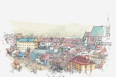 Bir suluboya kroki veya Cesky Krumlov geleneksel mimarisinde bir örnek Çek Cumhuriyeti