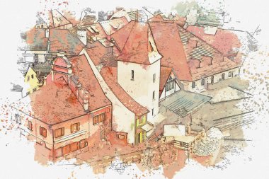 Bir suluboya kroki veya Cesky Krumlov geleneksel mimarisinde bir örnek Çek Cumhuriyeti