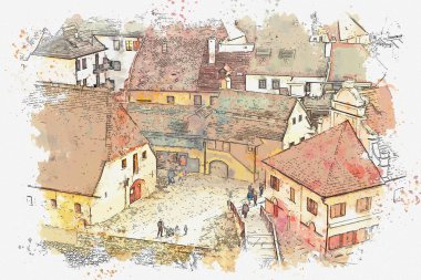 Bir suluboya kroki veya Cesky Krumlov geleneksel mimarisinde bir örnek Çek Cumhuriyeti