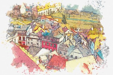 Bir suluboya kroki veya Cesky Krumlov geleneksel mimarisinde bir örnek Çek Cumhuriyeti