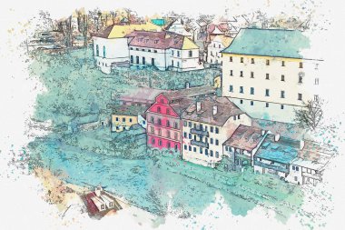 Bir suluboya kroki veya Cesky Krumlov geleneksel mimarisinde bir örnek Çek Cumhuriyeti
