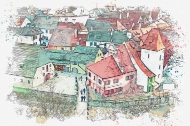Bir suluboya kroki veya Cesky Krumlov geleneksel mimarisinde bir örnek Çek Cumhuriyeti