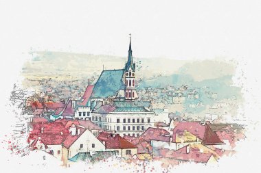 Suluboya bir kroki ya da geleneksel mimari ve Cesky Krumlov bir kilisede bir örnek Çek Cumhuriyeti