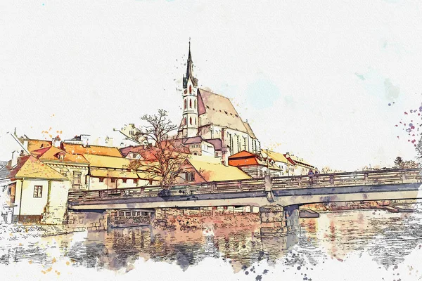 Un boceto de acuarela o una ilustración de la arquitectura tradicional en Cesky Krumlov en la República Checa — Foto de Stock