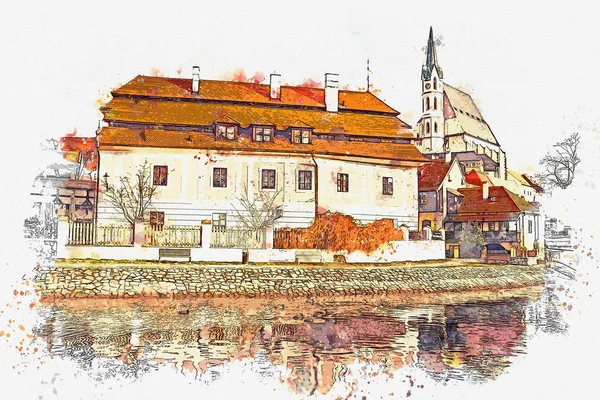 Un boceto de acuarela o una ilustración de la arquitectura tradicional en Cesky Krumlov en la República Checa — Foto de Stock