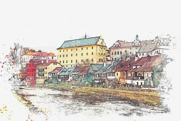 Bir suluboya kroki veya Cesky Krumlov geleneksel mimarisinde bir örnek Çek Cumhuriyeti