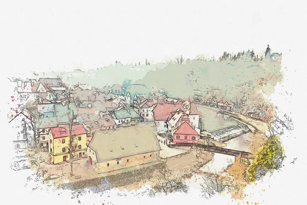 Bir suluboya kroki veya Cesky Krumlov geleneksel mimarisinde bir örnek Çek Cumhuriyeti