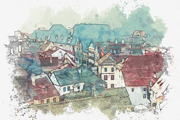 Акварельный эскиз или иллюстрация традиционной архитектуры в Чески Крумлов в Чехии — стоковое фото