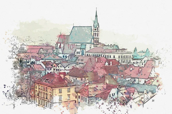 Акварельный эскиз или иллюстрация традиционной архитектуры в Чески Крумлов в Чехии — стоковое фото