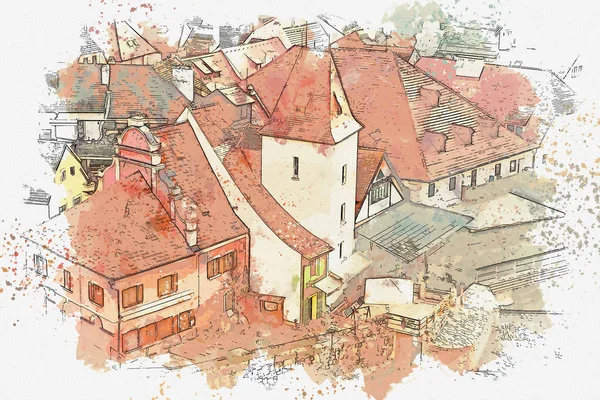 Um esboço aquarela ou uma ilustração da arquitetura tradicional em Cesky Krumlov, na República Checa — Fotografia de Stock