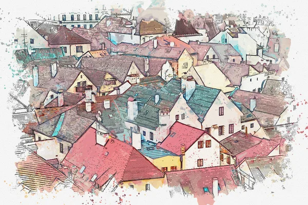捷克共和国捷克克鲁姆洛夫的水彩素描或传统建筑插图 — 图库照片