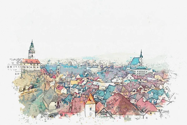 Um esboço aquarela ou uma ilustração da arquitetura tradicional em Cesky Krumlov, na República Checa — Fotografia de Stock