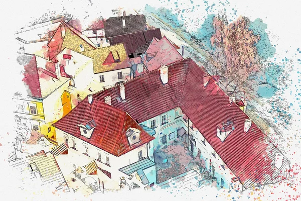 A watercolor sketch or an illustration of the traditional architecture in Cesky Krumlov in the Czech Republic — Stock Photo, Image