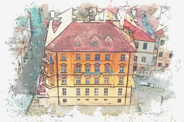 Szkic akwarela lub przykładem tradycyjnej architektury w Cesky Krumlov w Republice Czeskiej — Zdjęcie stockowe