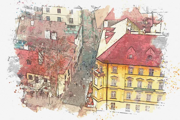 Szkic akwarela lub przykładem tradycyjnej architektury w Cesky Krumlov w Republice Czeskiej — Zdjęcie stockowe
