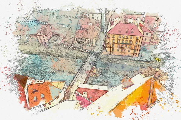 Um esboço aquarela ou uma ilustração da arquitetura tradicional em Cesky Krumlov, na República Checa — Fotografia de Stock