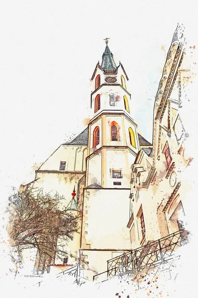 Eine aquarellierte Skizze oder eine Abbildung einer Kirche in cesky krumlov in der Tschechischen Republik — Stockfoto