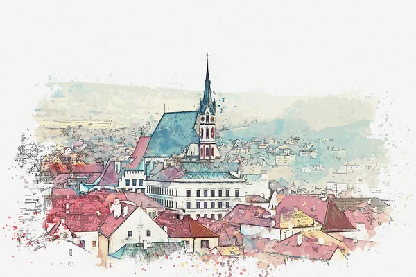 Un boceto de acuarela o una ilustración de la arquitectura tradicional y una iglesia en Cesky Krumlov en la República Checa — Foto de Stock