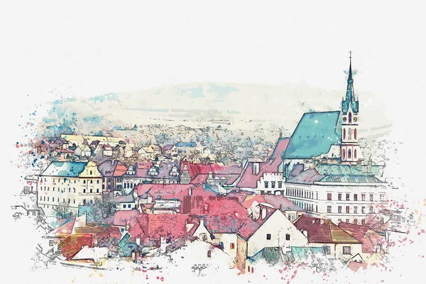 Une aquarelle ou une illustration de l'architecture traditionnelle et une église à Cesky Krumlov en République tchèque — Photo