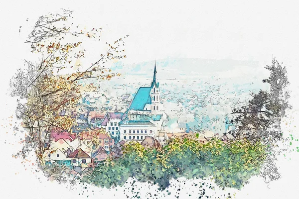Акварельный эскиз или иллюстрация традиционной архитектуры и церкви в Чески Крумлов в Чехии — стоковое фото
