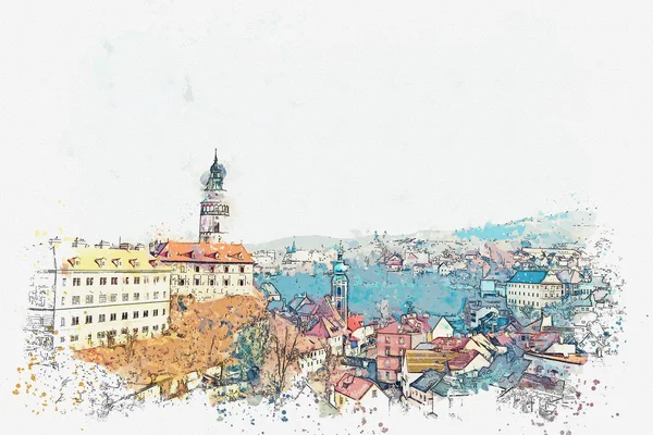 Un boceto de acuarela o una ilustración de la arquitectura tradicional en Cesky Krumlov en la República Checa . — Foto de Stock