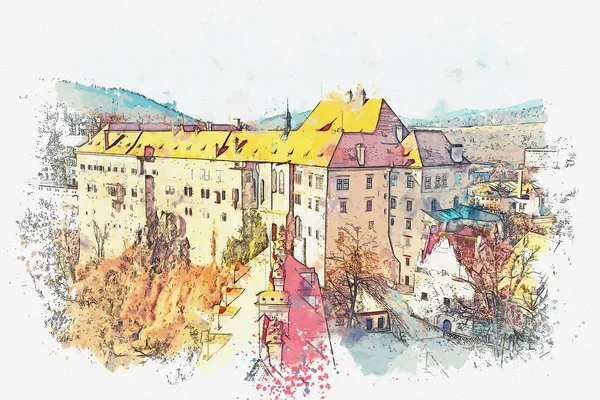 Un boceto de acuarela o una ilustración de la arquitectura tradicional en Cesky Krumlov en la República Checa . — Foto de Stock